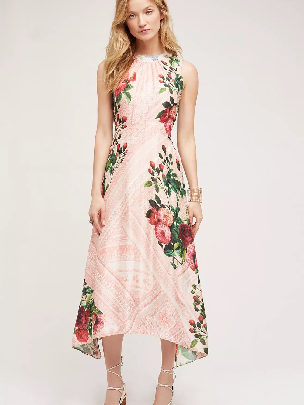 Anthropologie Pankaj & Nidhi Floral Midi Dress 12 Pink Beaded Botanical Coquette